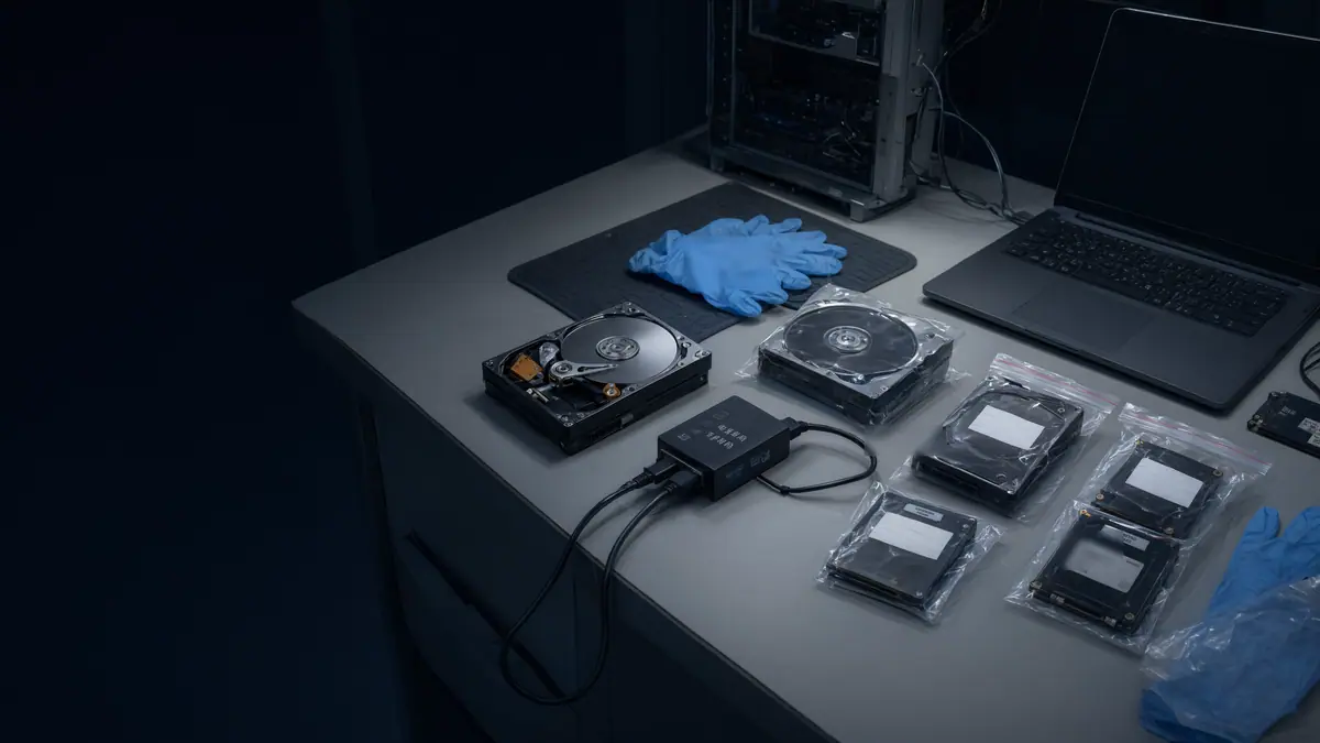 Forensic workbench with a write-blocker and evidence-bagged drives